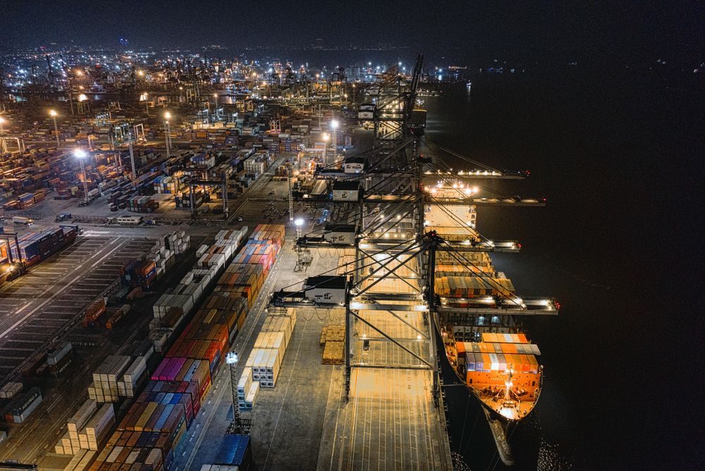 Aerial night view of a container terminal